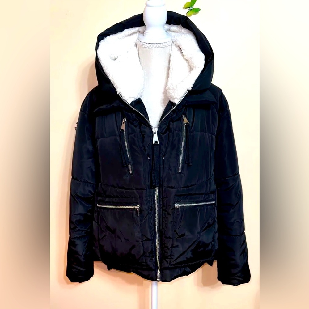 C🖤 Seven 7 for all Mankind Black Puffer Coat Faux Fur Hood Size Medium Black